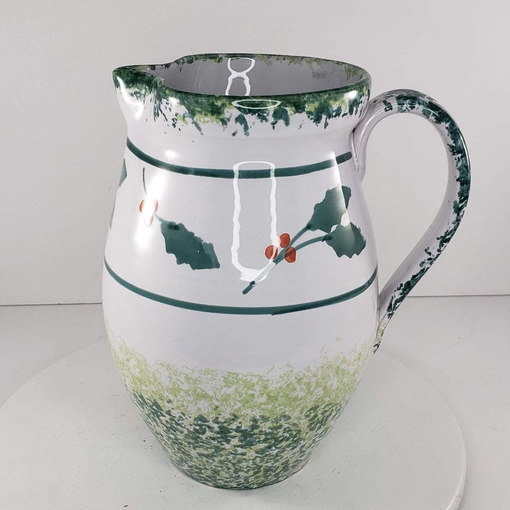 Pier 1 Imports Pitcher Stoneware Christmas Holiday Holly Mistletoe Italy